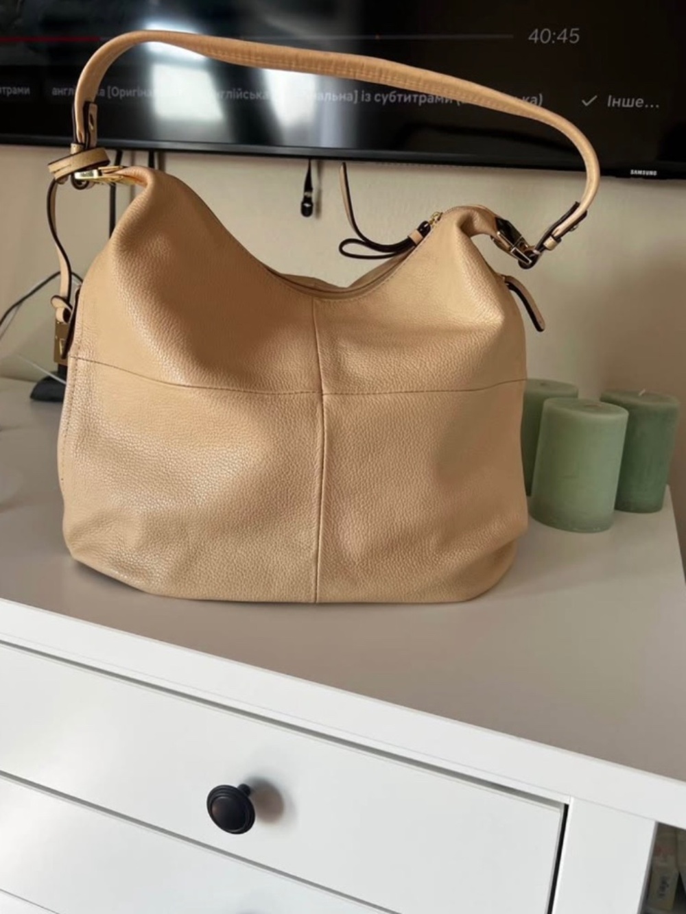 Tignanello Genuine Pebble Leather Shoulder Bag Ivory⁠
